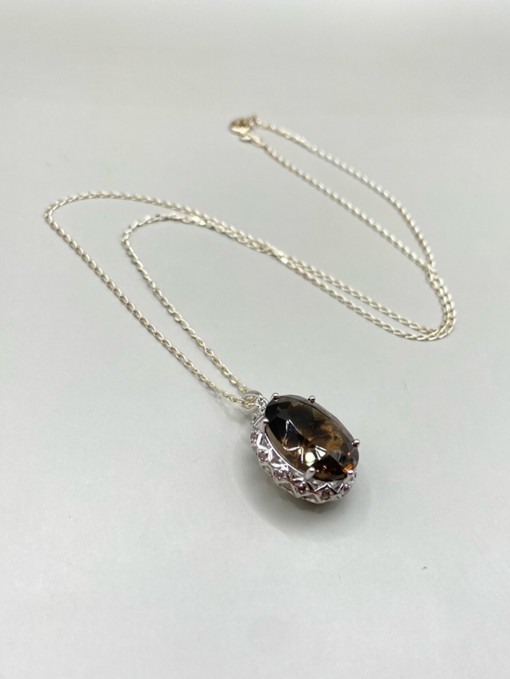 Sterling Silver Brown Oval Crystal Pendant Necklace